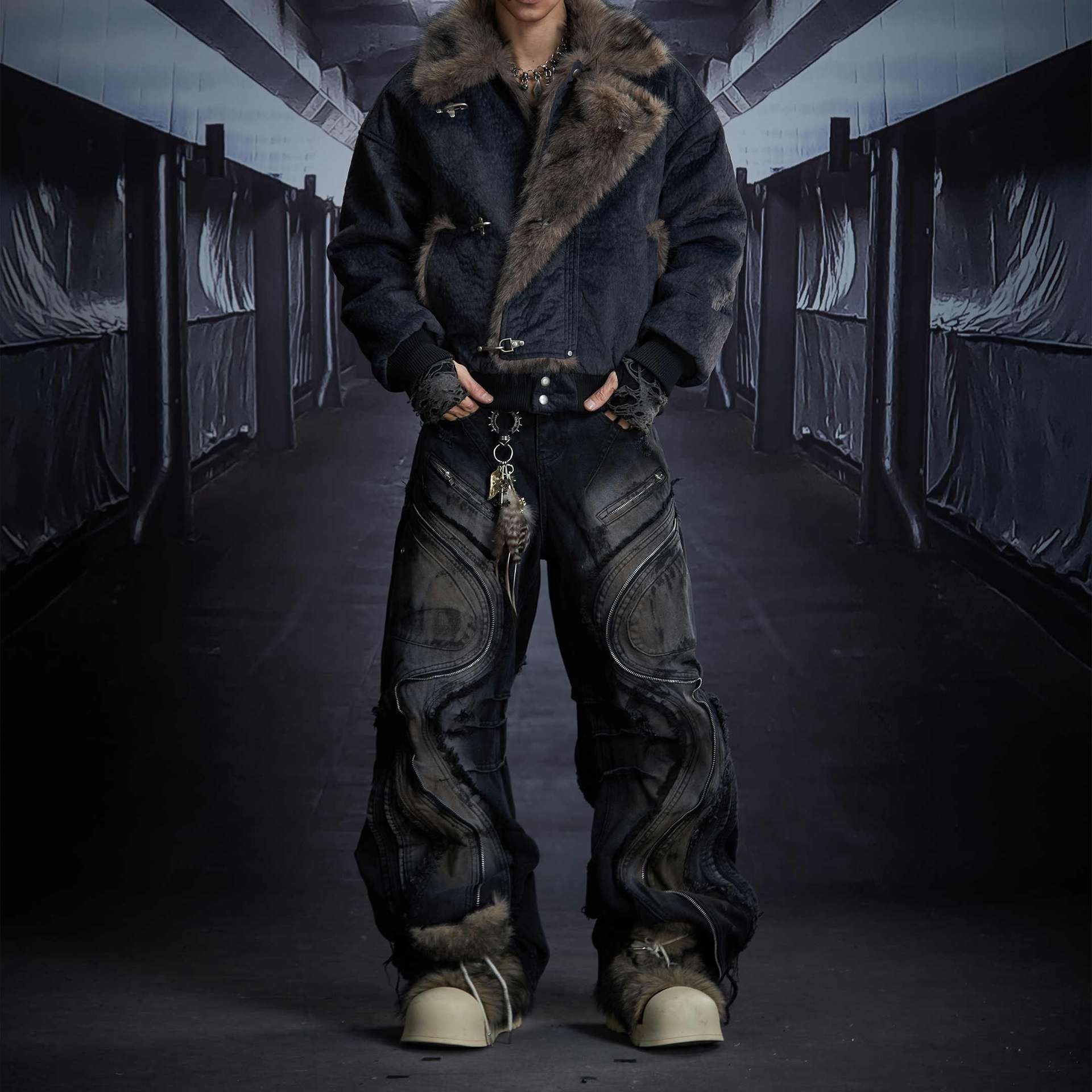 Washed Distressed Fringed Loose-fit Bootcut Jeans