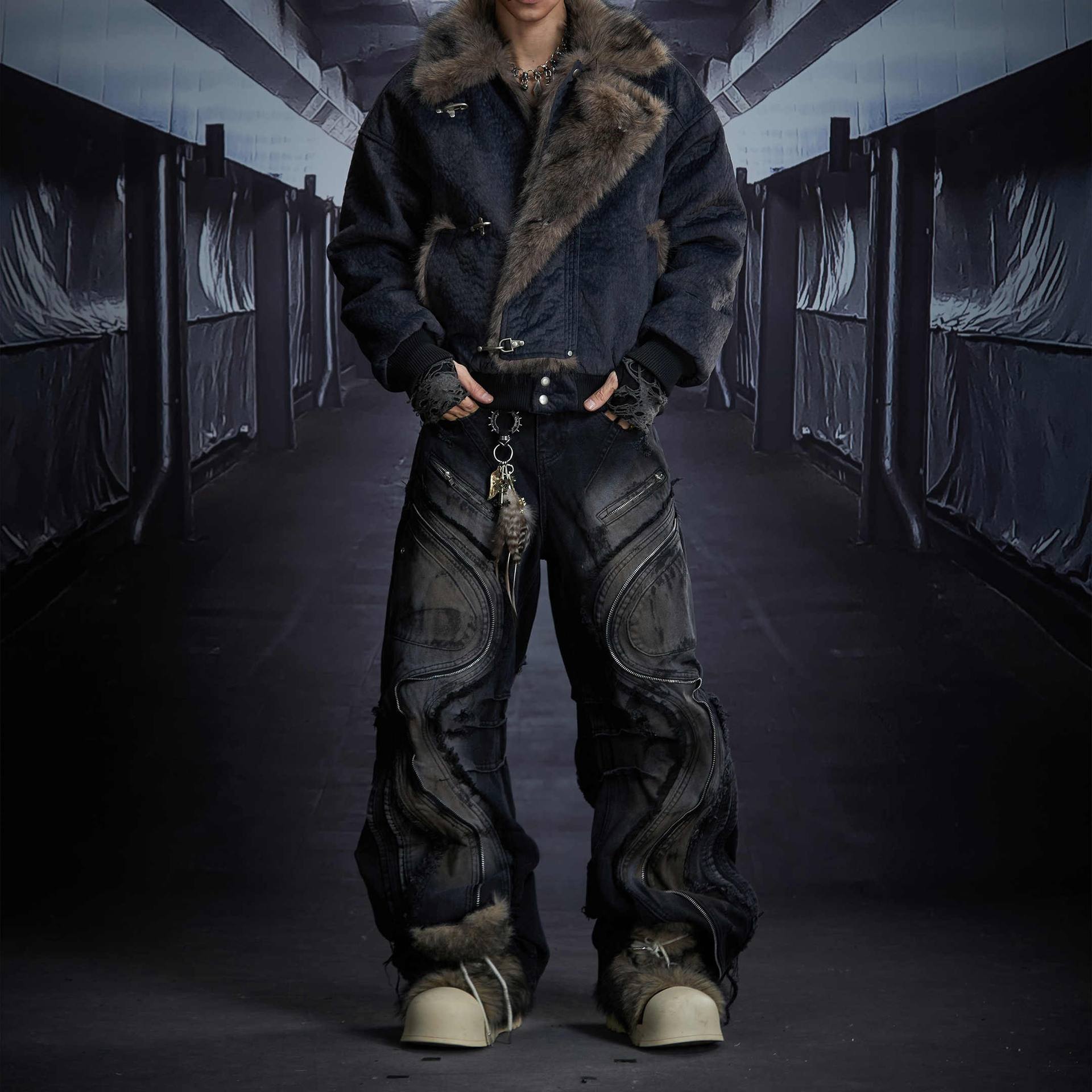 Washed Distressed Fringed Loose-fit Bootcut Jeans