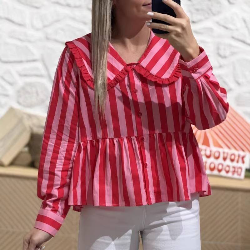 New Striped Doll Collar Long-Sleeve Cute Shirt For Women