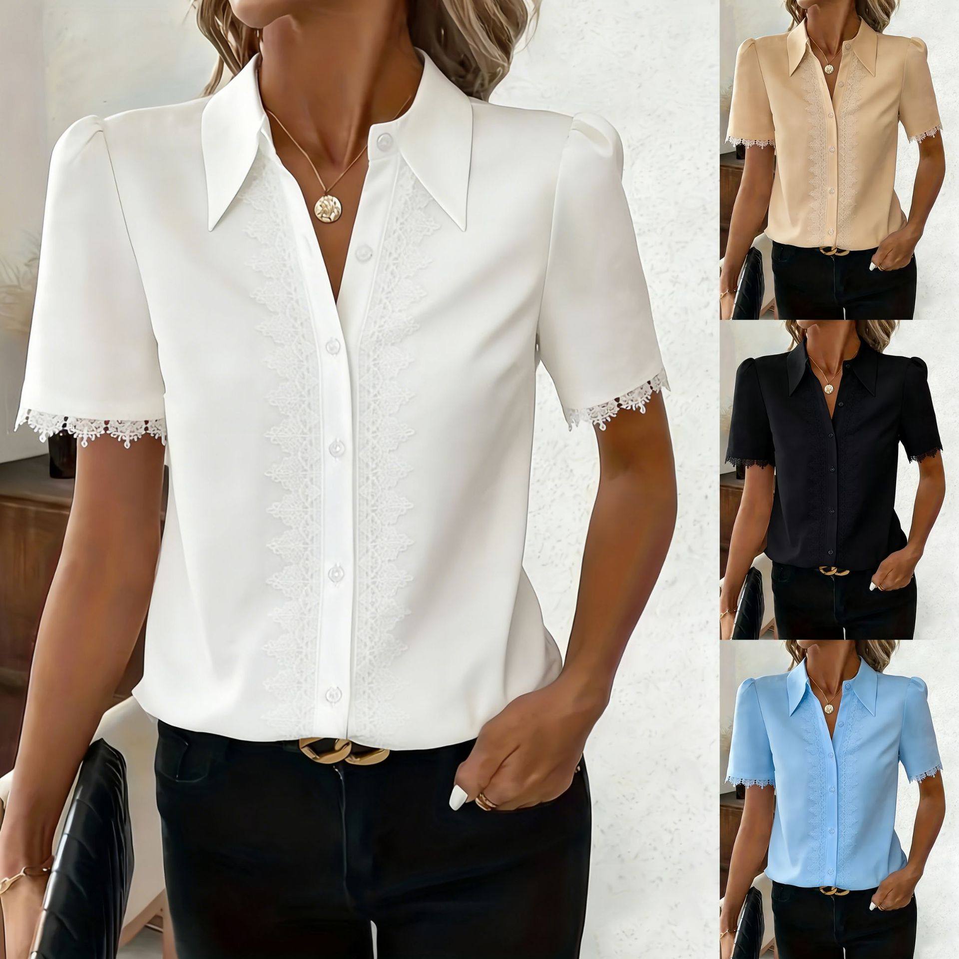 Elegant Lace-trimmed V-neck Womens Shirt Commuter Top