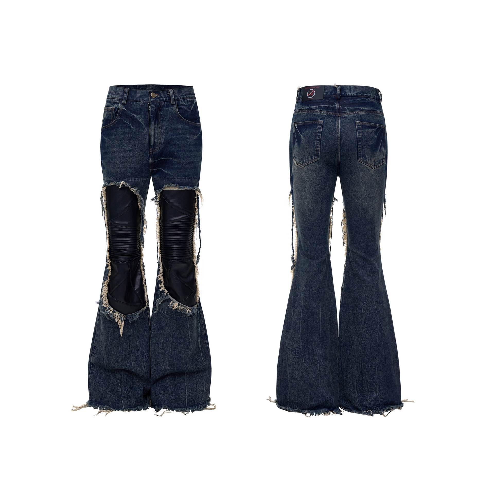 Retro Patchwork Leather Wide-Leg Denim Trousers Mens