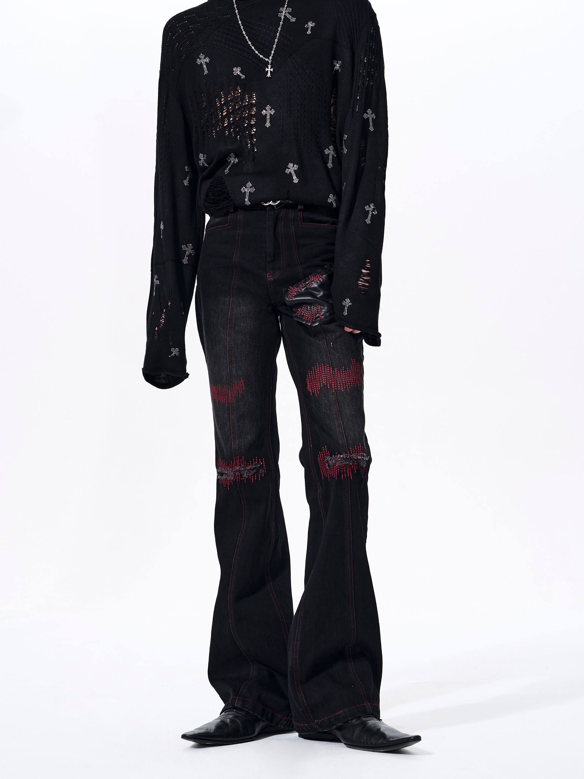 Flared Denim Jeans Mens Patchwork Leather Straight-leg Pants