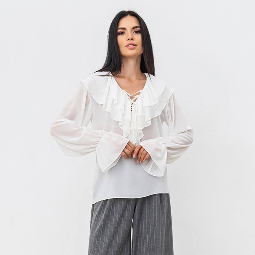 Women's Chiffon Loose Pullover Ruffle-Trimmed V-Neck Shirt