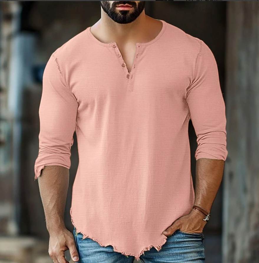 Fashionable Mens Casual Solid-Color Four-Button Long-Sleeve T-Shirt