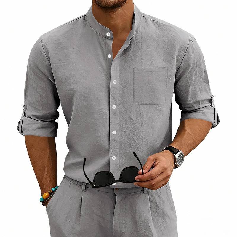 American-style Linen Shirt With A Stand-up Collar And Mid-length Sleeves, Mens