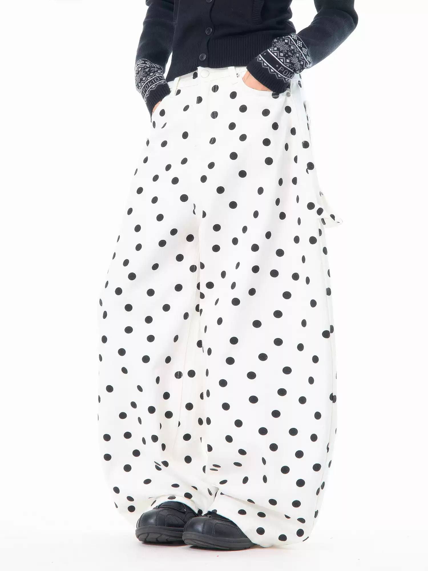 Womens Casual Wide-Leg Cropped Tapered Pants With All-Over American-Style Polka Dots