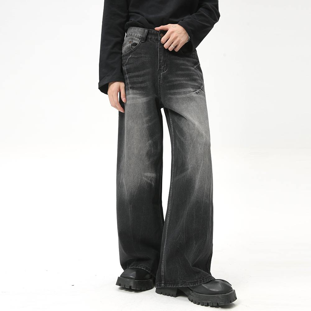 Washed-texture Straight-leg Relaxed-fit Workwear Black And Gray Jeans