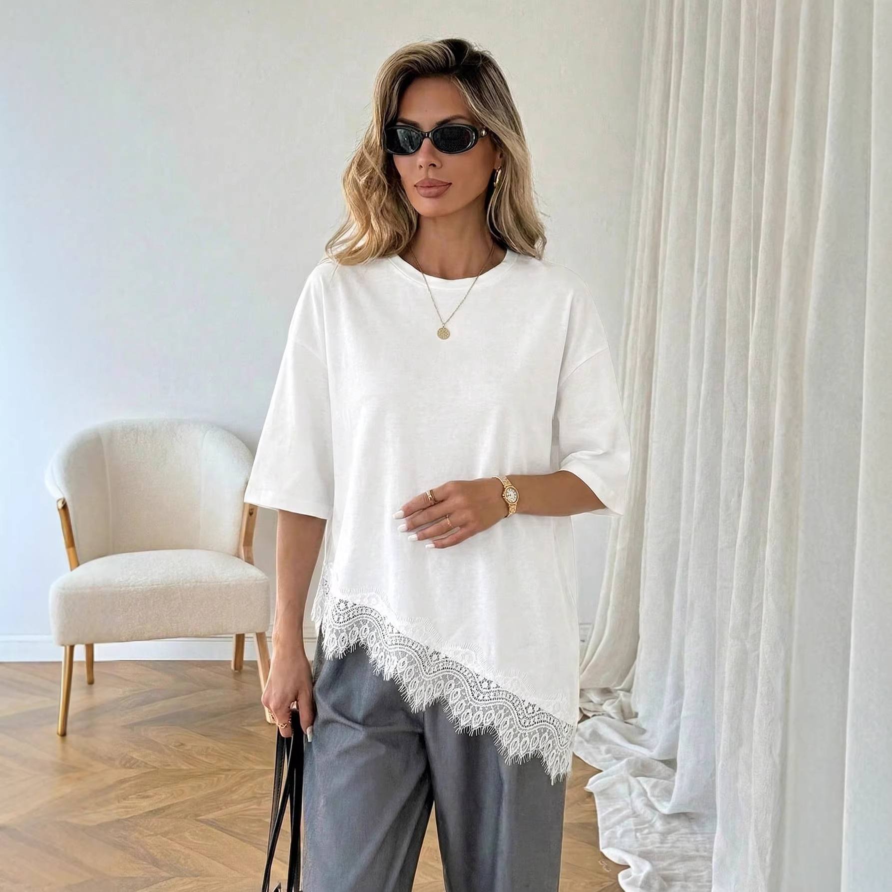 Solid-color Crewneck Lace-panel Hem Top