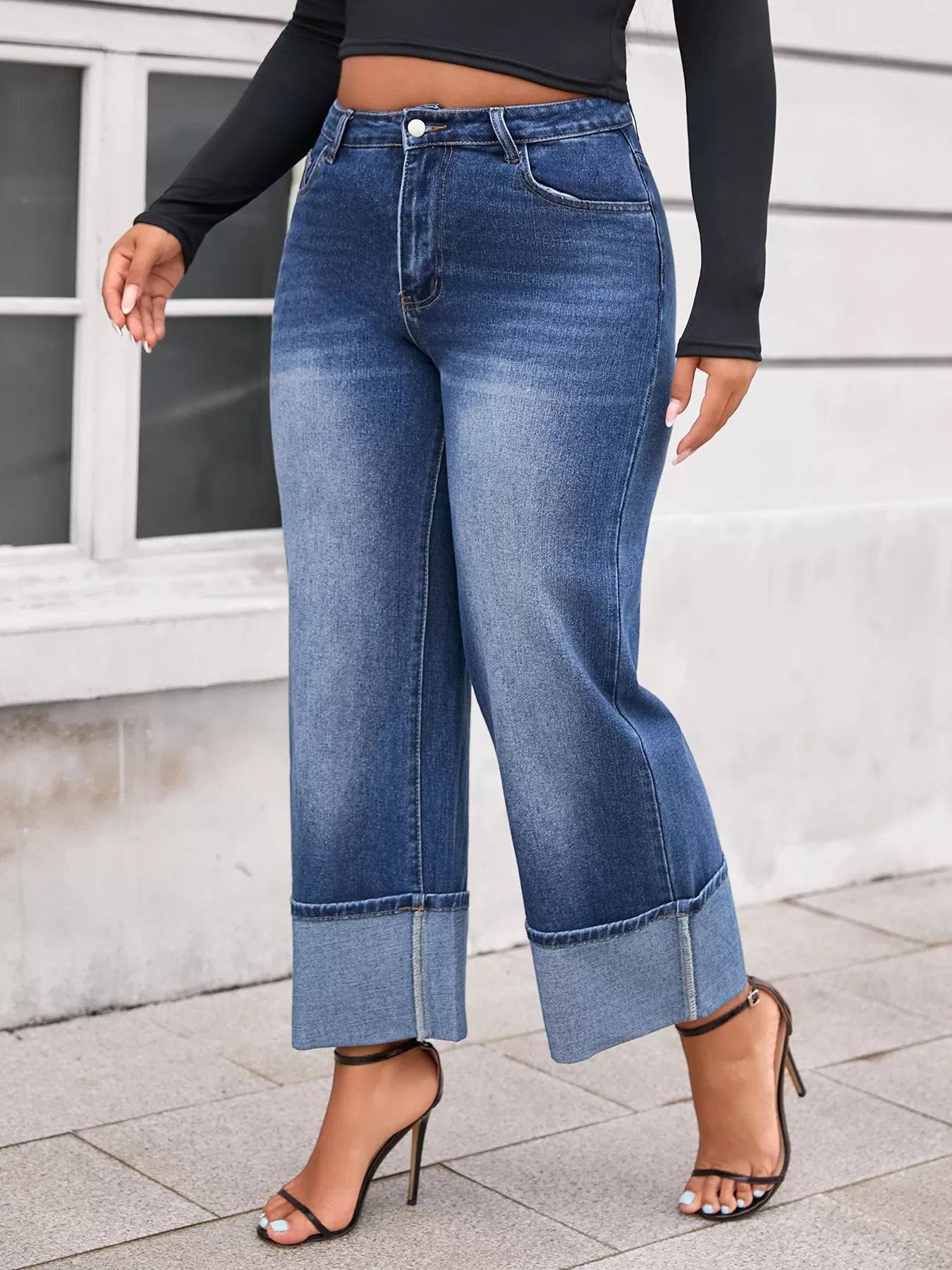 Women's Cuffed Washed Wide-leg Cropped Jeans