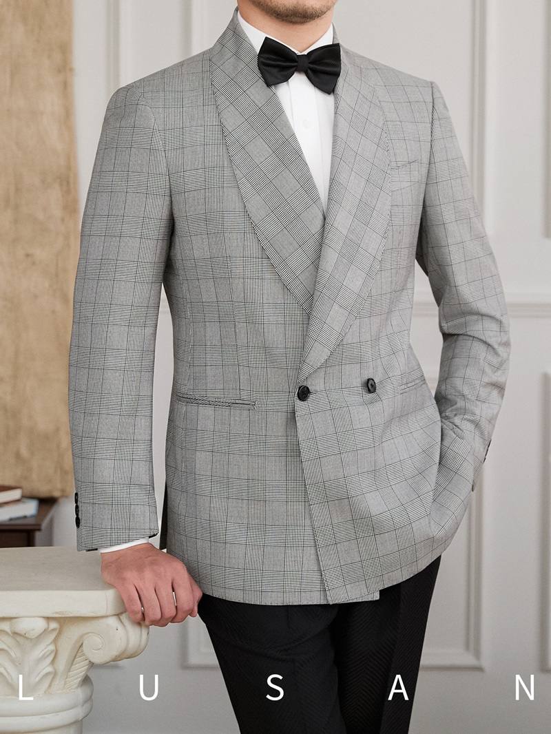 Men's Retro Plaid Mandarin-Collar Banquet Suit Jacket