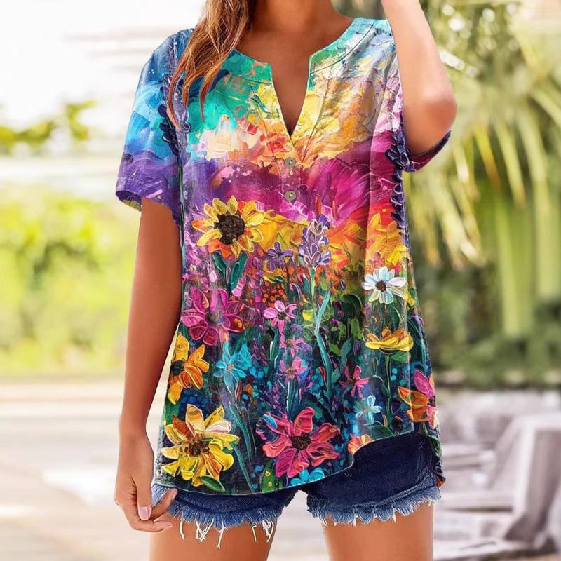 3D-printed Womens Three-button Short-sleeve T-shirt Loose-fitting Casual Top For Women