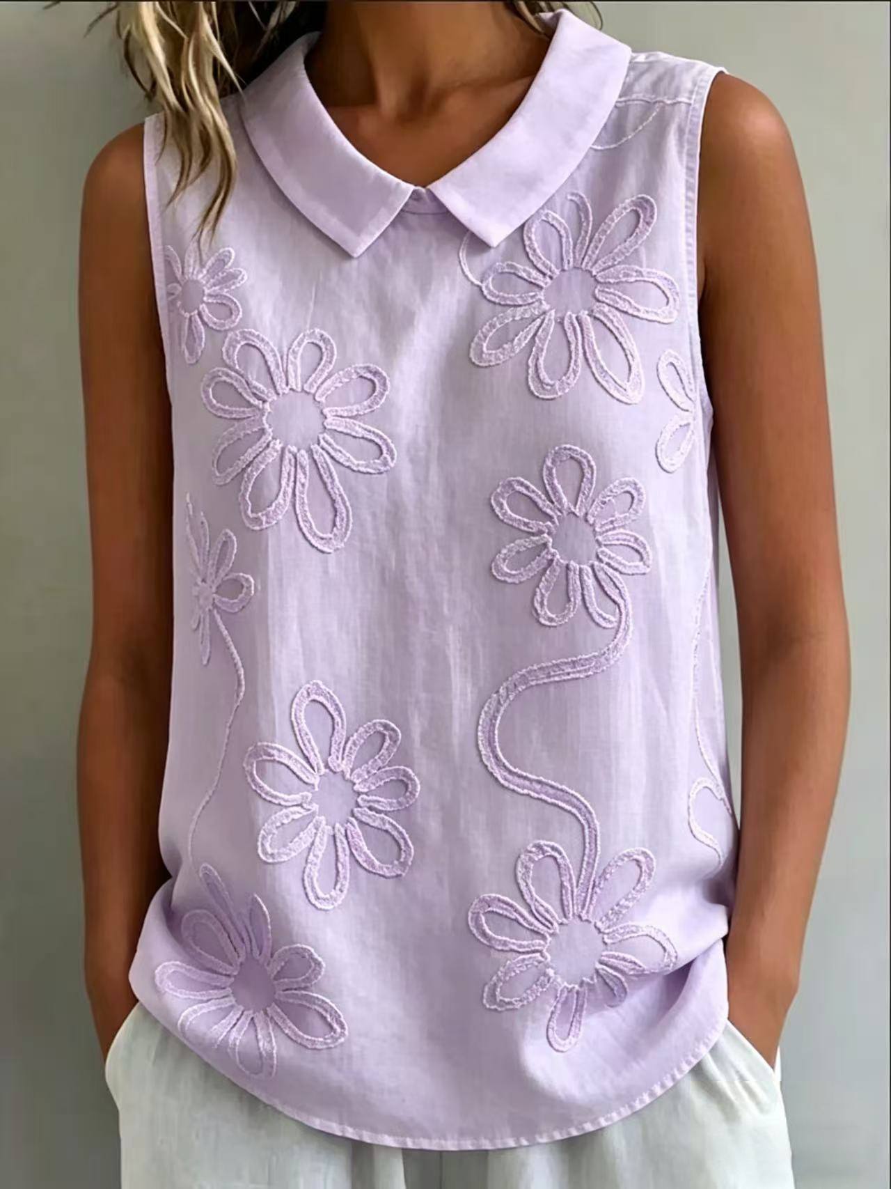Loose-fit Casual Vintage Vest Embroidered Floral Sleeveless Shirt