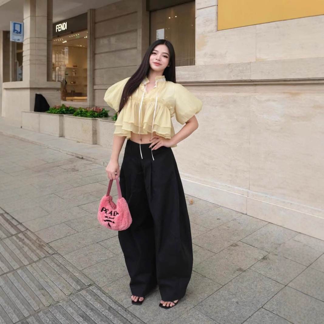Stand-up Collar Puff Sleeves Fitted Waist Single-breasted Short Sleeves