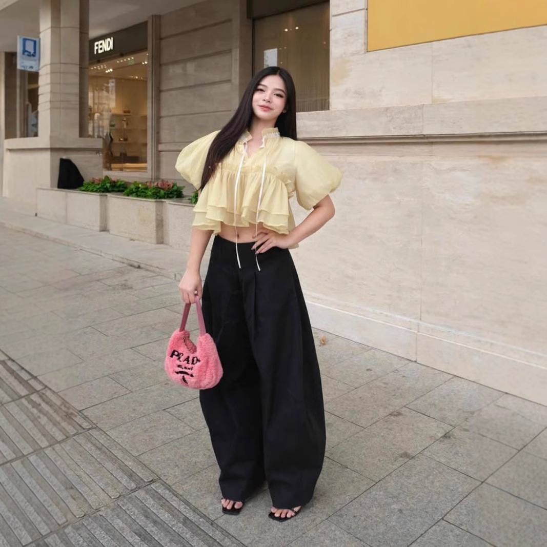 Stand-up Collar Puff Sleeves Fitted Waist Single-breasted Short Sleeves