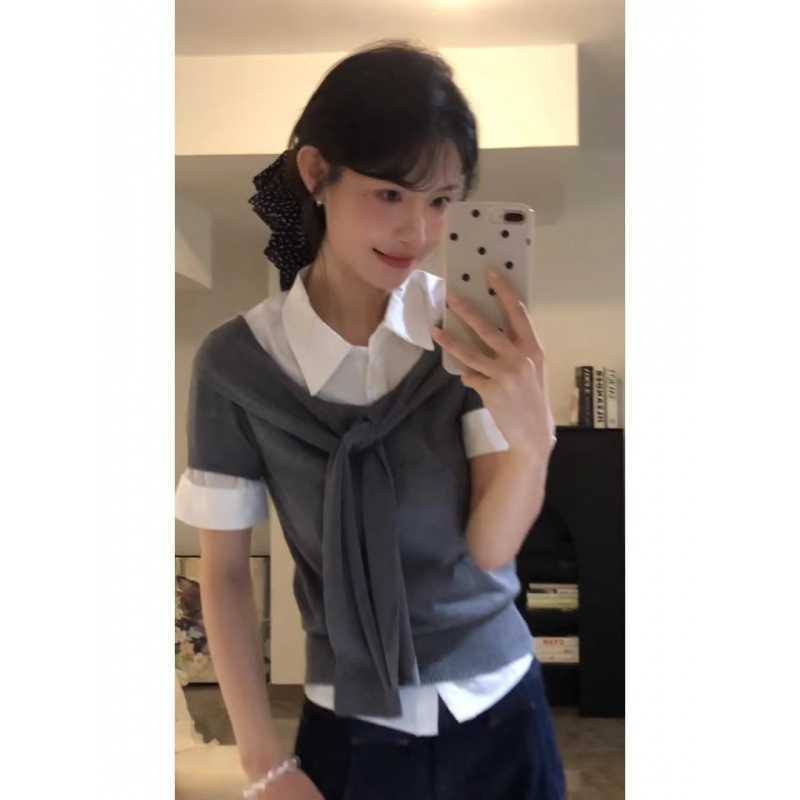 Seamless Knitted Top With Twist Detail And Lapel Collar