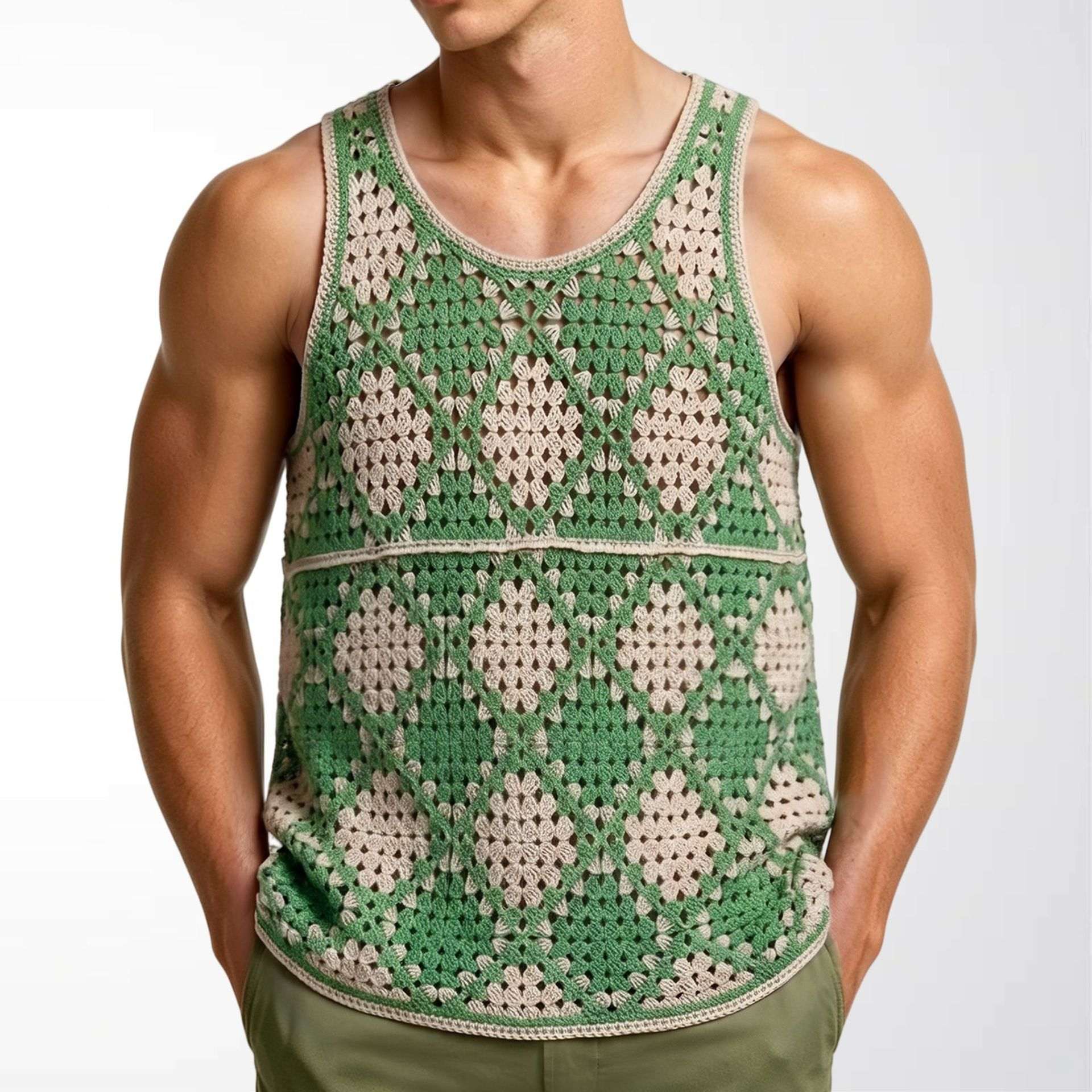 Contrast-color Diamond-pattern Hollow-out Knit Vest