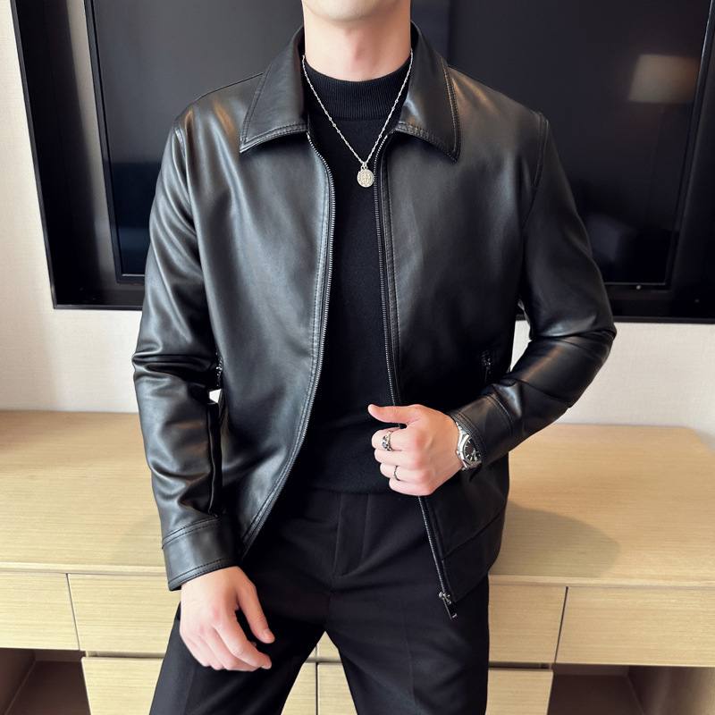 AutumnWinter Men's Leather Jacket With Lapel Collar Light Business Style