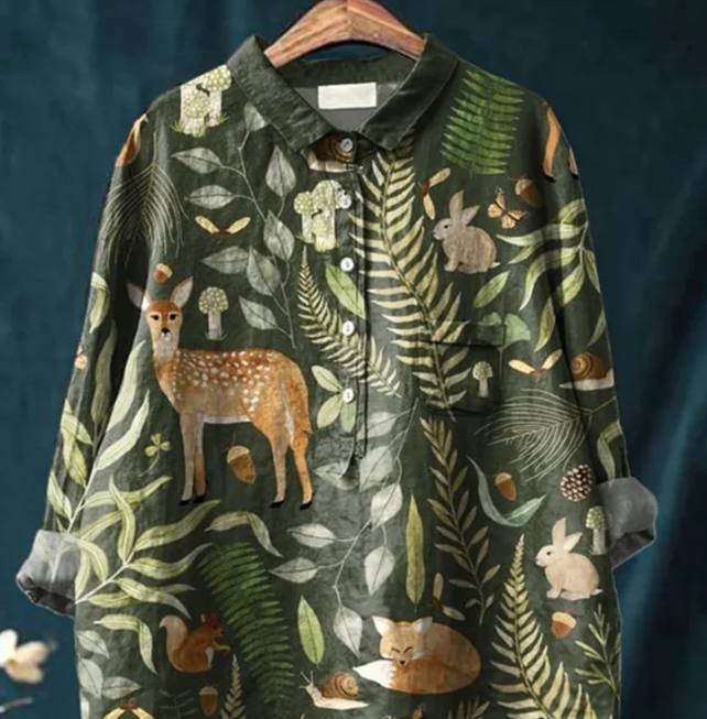 Womens Relaxed-fit Casual Top With A Printed Pattern And A Turn-down Collar