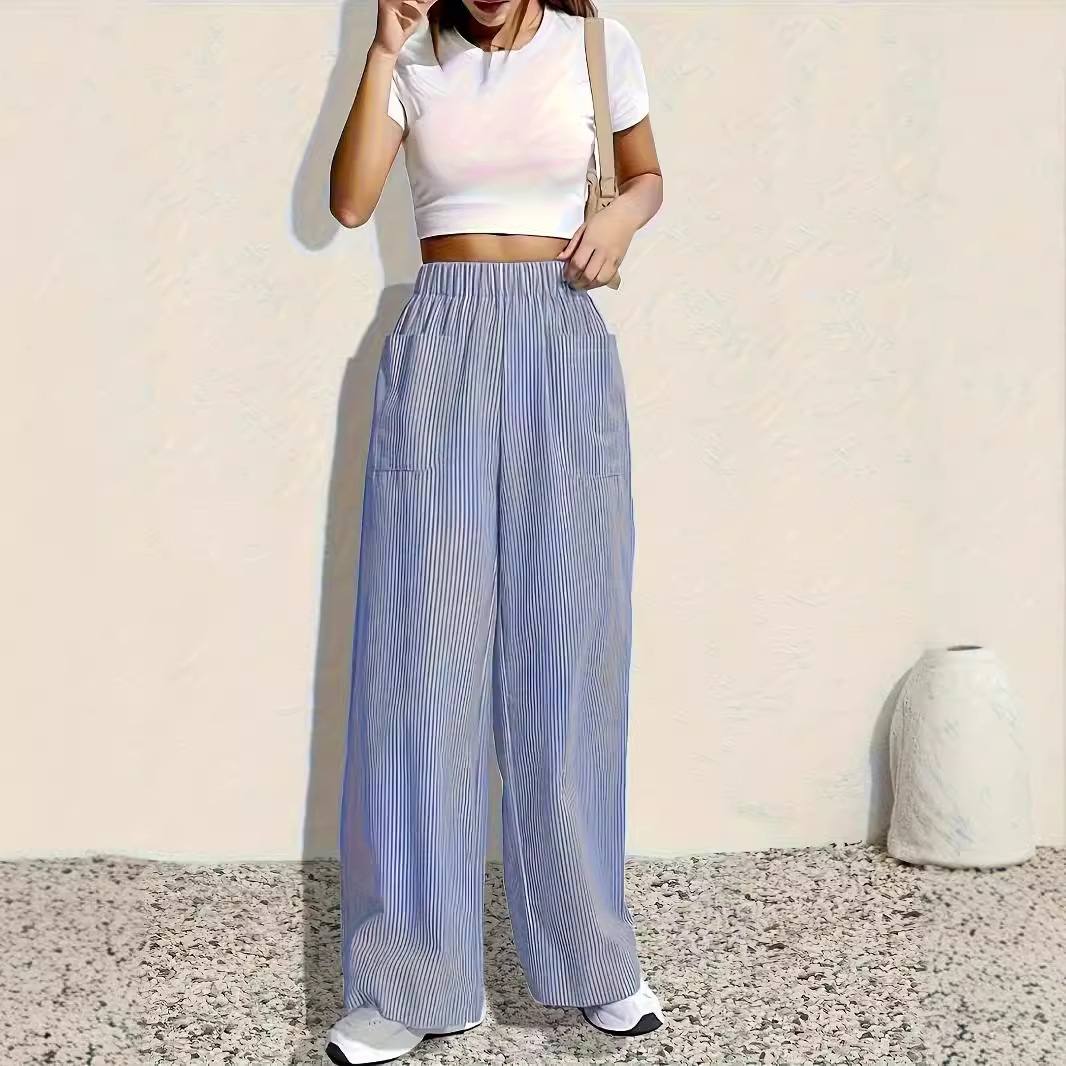 Womens SpringSummer Striped Printed Elastic-Waist Wide-Leg Pants
