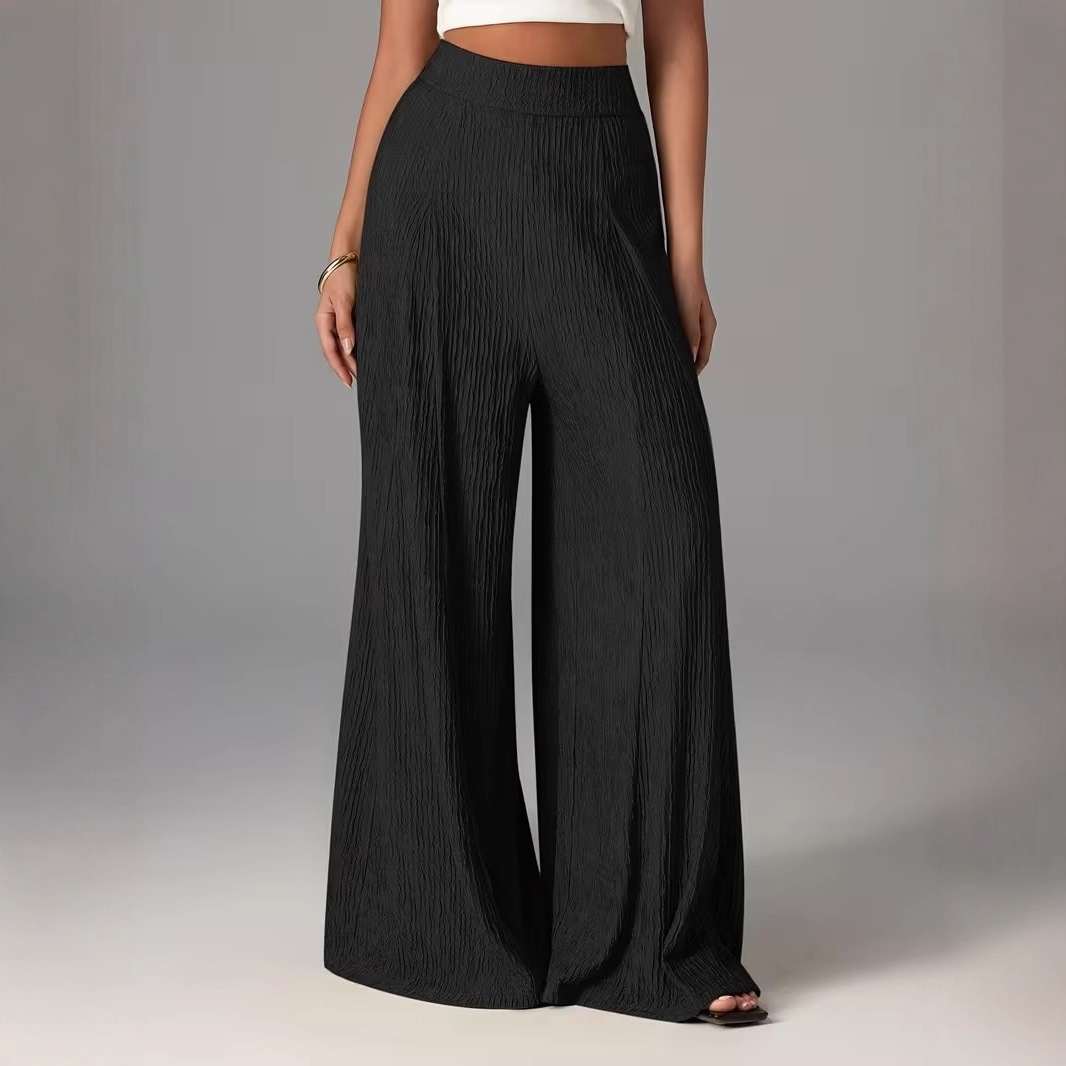 Elastic-waist Loose Solid-color Trousers High-waisted Wide-leg Pants