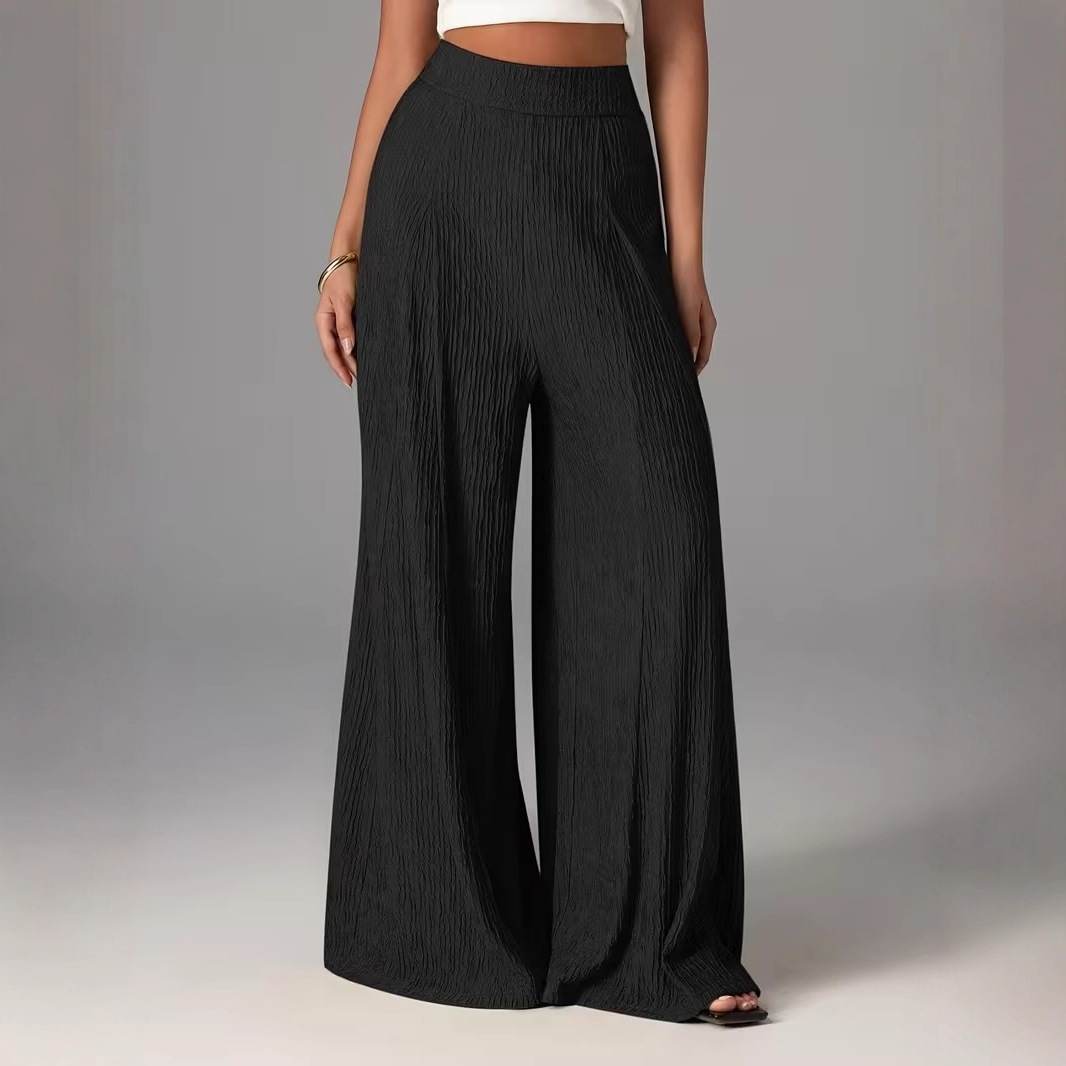 Elastic-waist Loose Solid-color Trousers High-waisted Wide-leg Pants