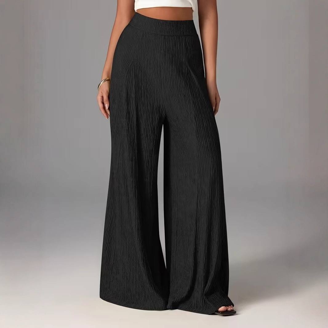 Elastic-waist Loose Solid-color Trousers High-waisted Wide-leg Pants