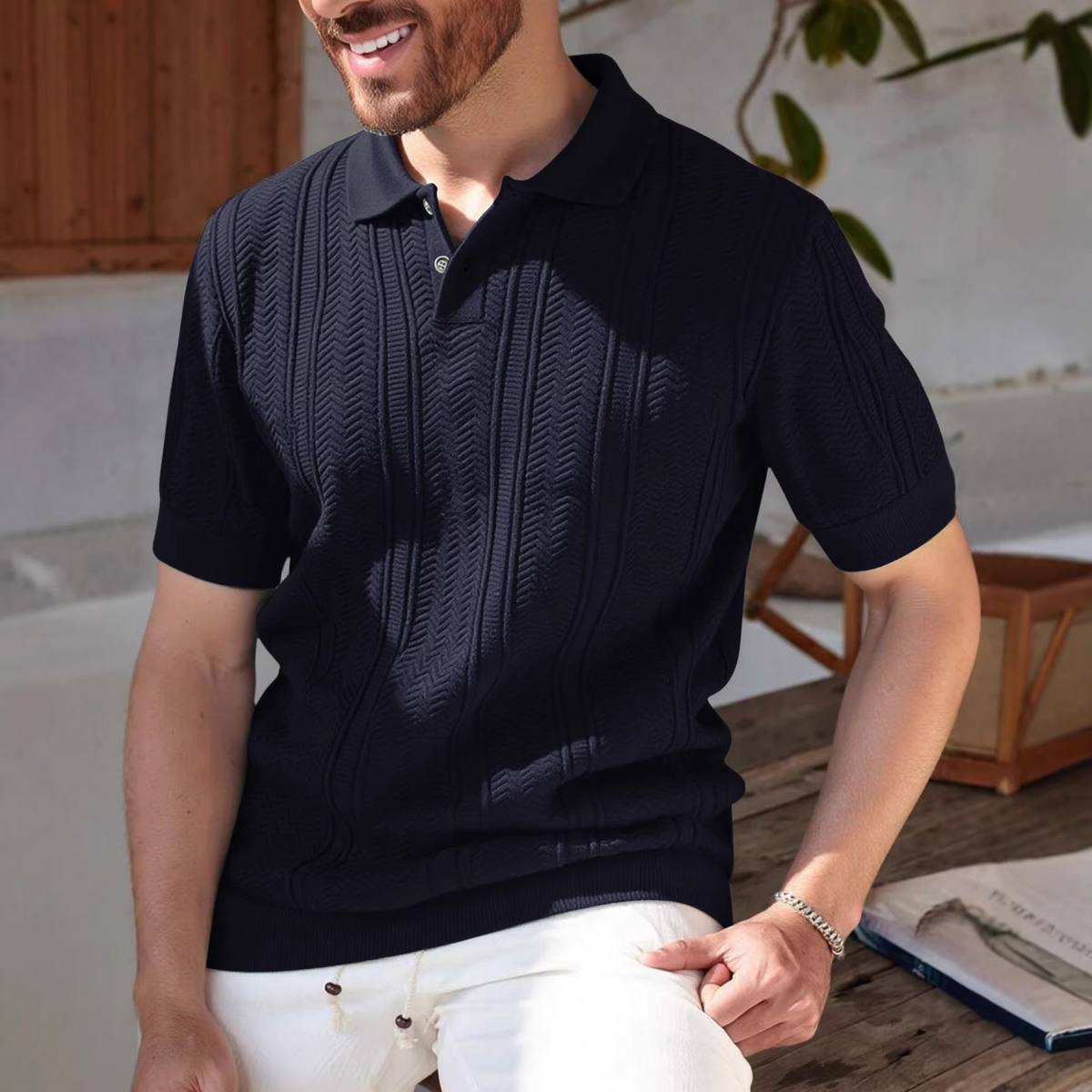 Textured Mens Dark Green Knitted Polo Shirt With A Premium Feel