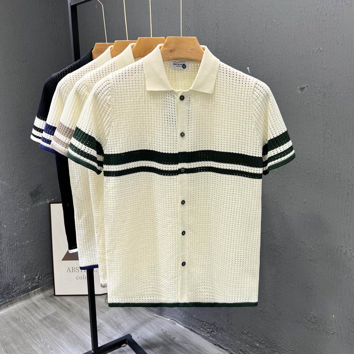 Light-luxury Striped Hollow-out Knit Cardigan With Short Sleeves