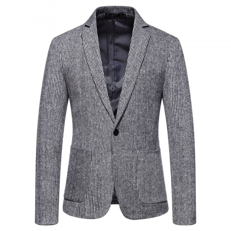 Simple Mens Fashionable Business-Casual Korean-Style Striped Wool Blazer
