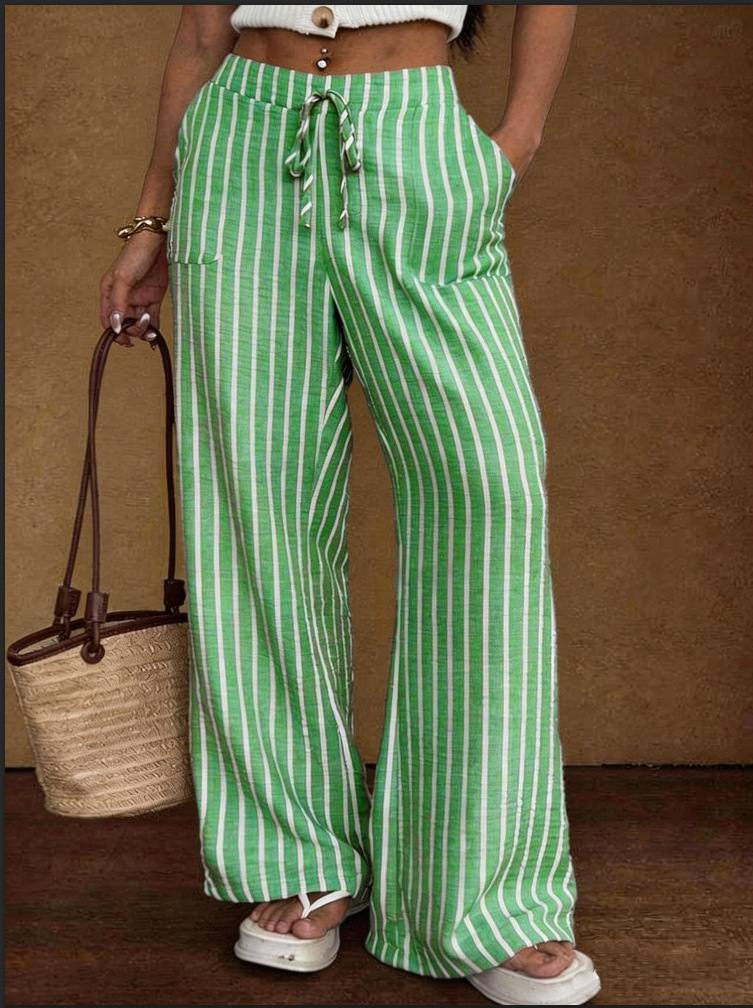 Striped Loose Commuter Casual Lace-up Elastic-waist Wide-leg Trousers