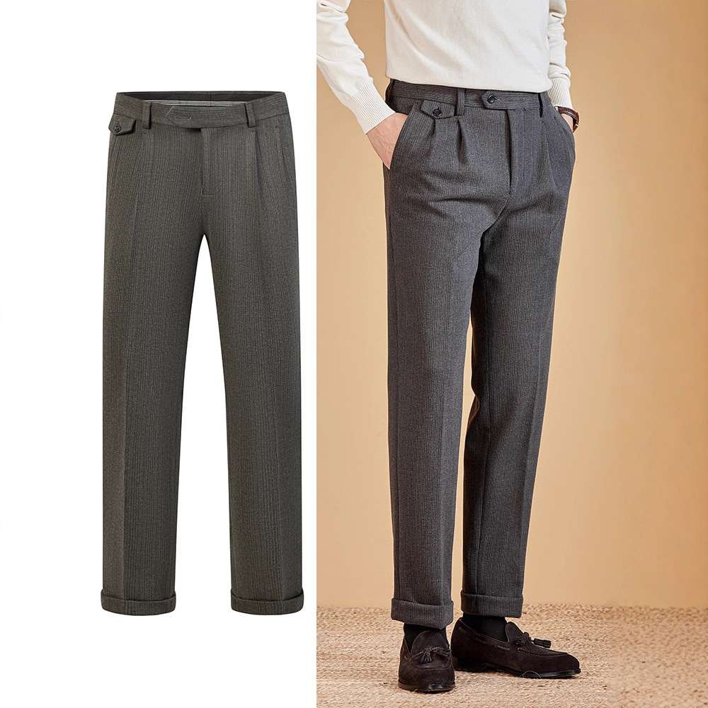 Mens Wool Suit Pants Thickened Straight-Leg Business-Casual Trousers