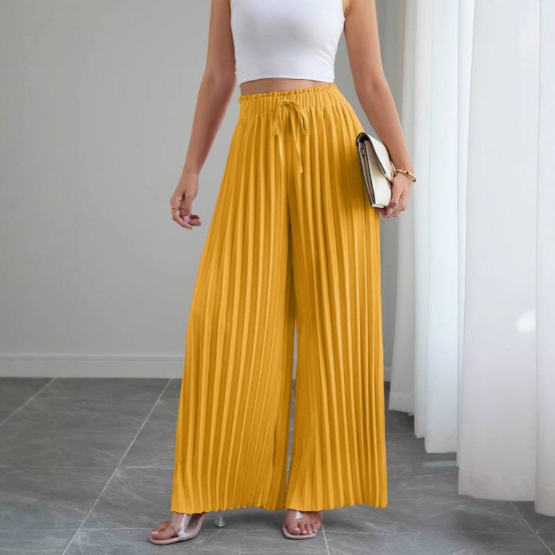 Solid-color Pleated Elastic-waist Drawstring Loose Wide-leg Pants