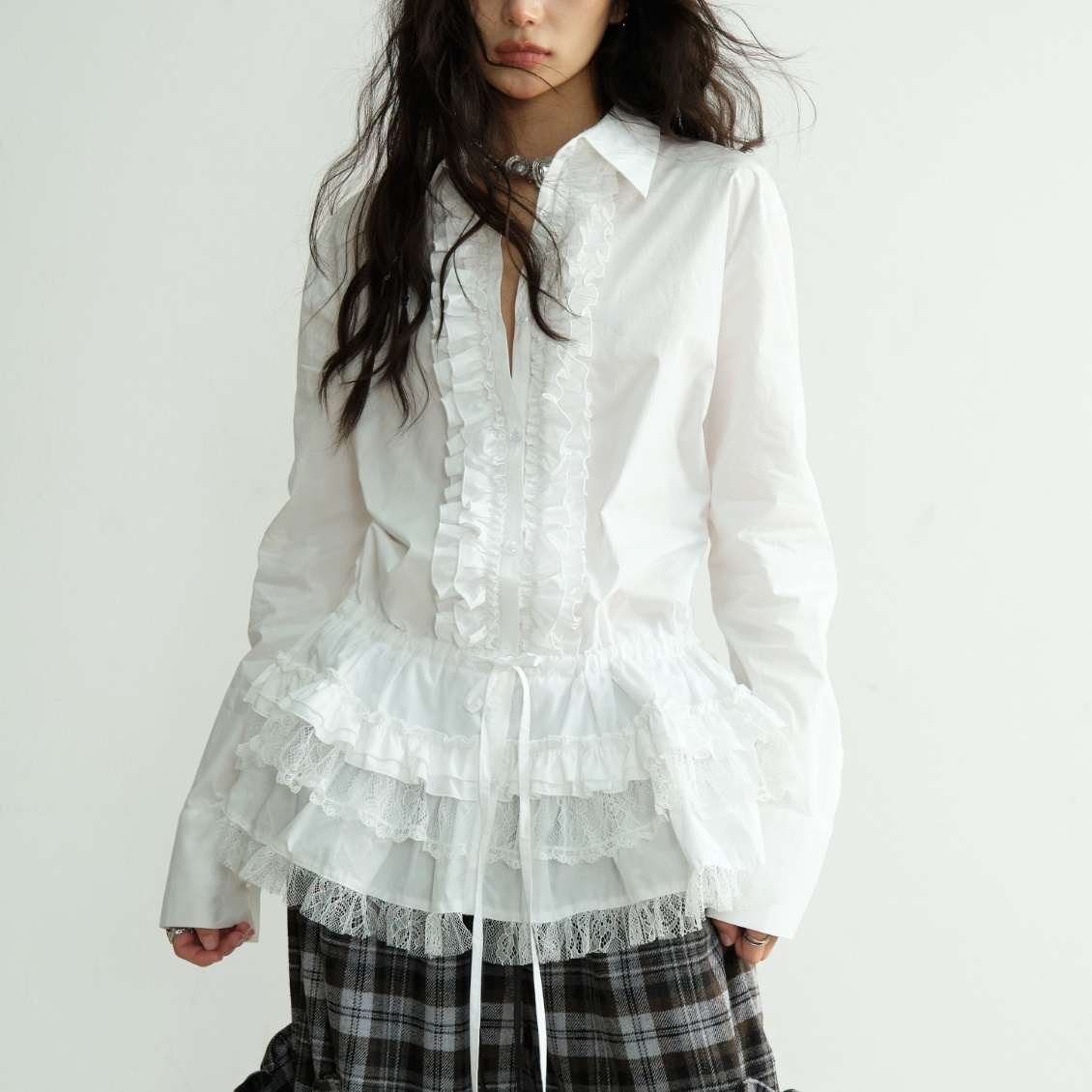 Fitted-waist Lace-up Long Lace-trimmed Shirt