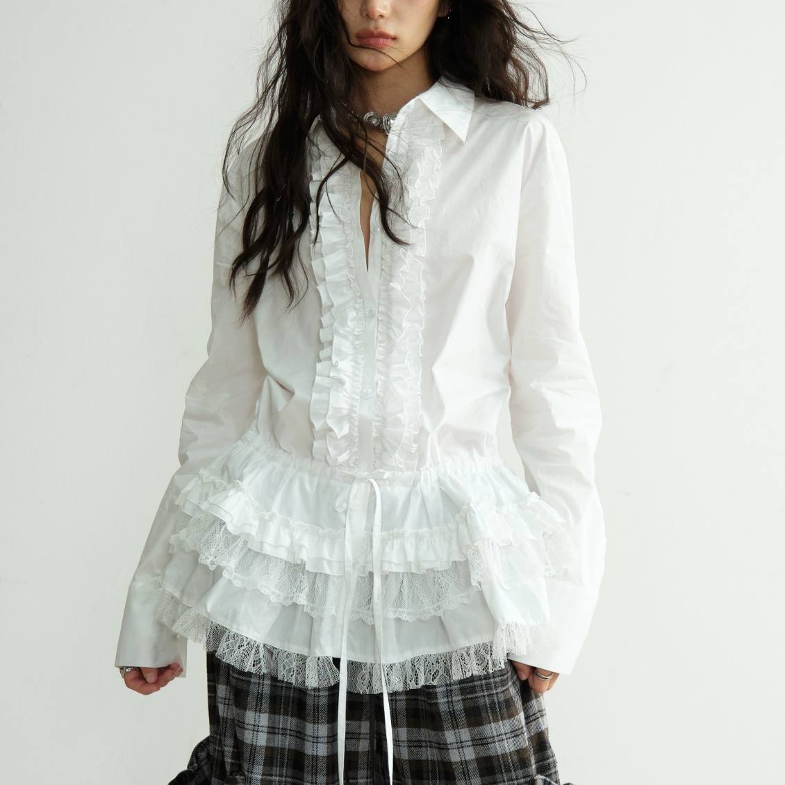Fitted-waist Lace-up Long Lace-trimmed Shirt