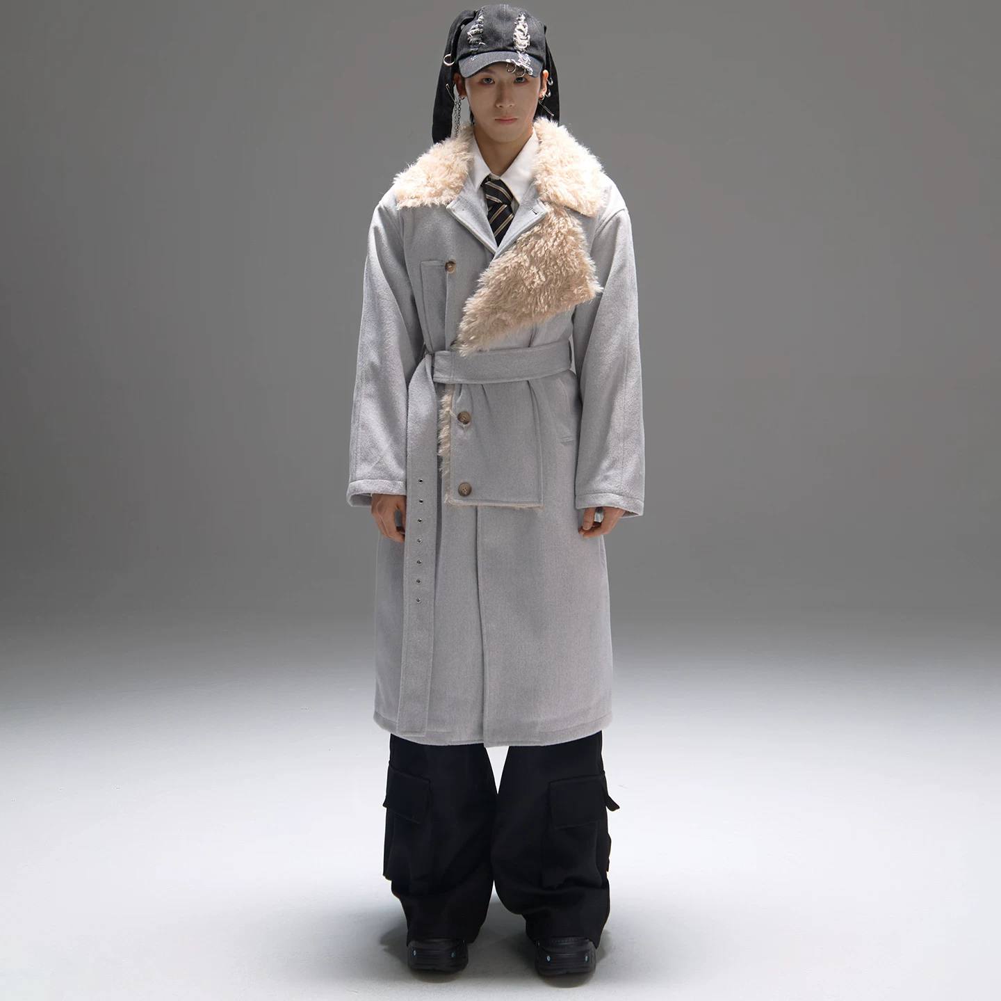 Color-block Design Over-the-knee Trench Coat Silhouette Plus-thick Cotton Coat