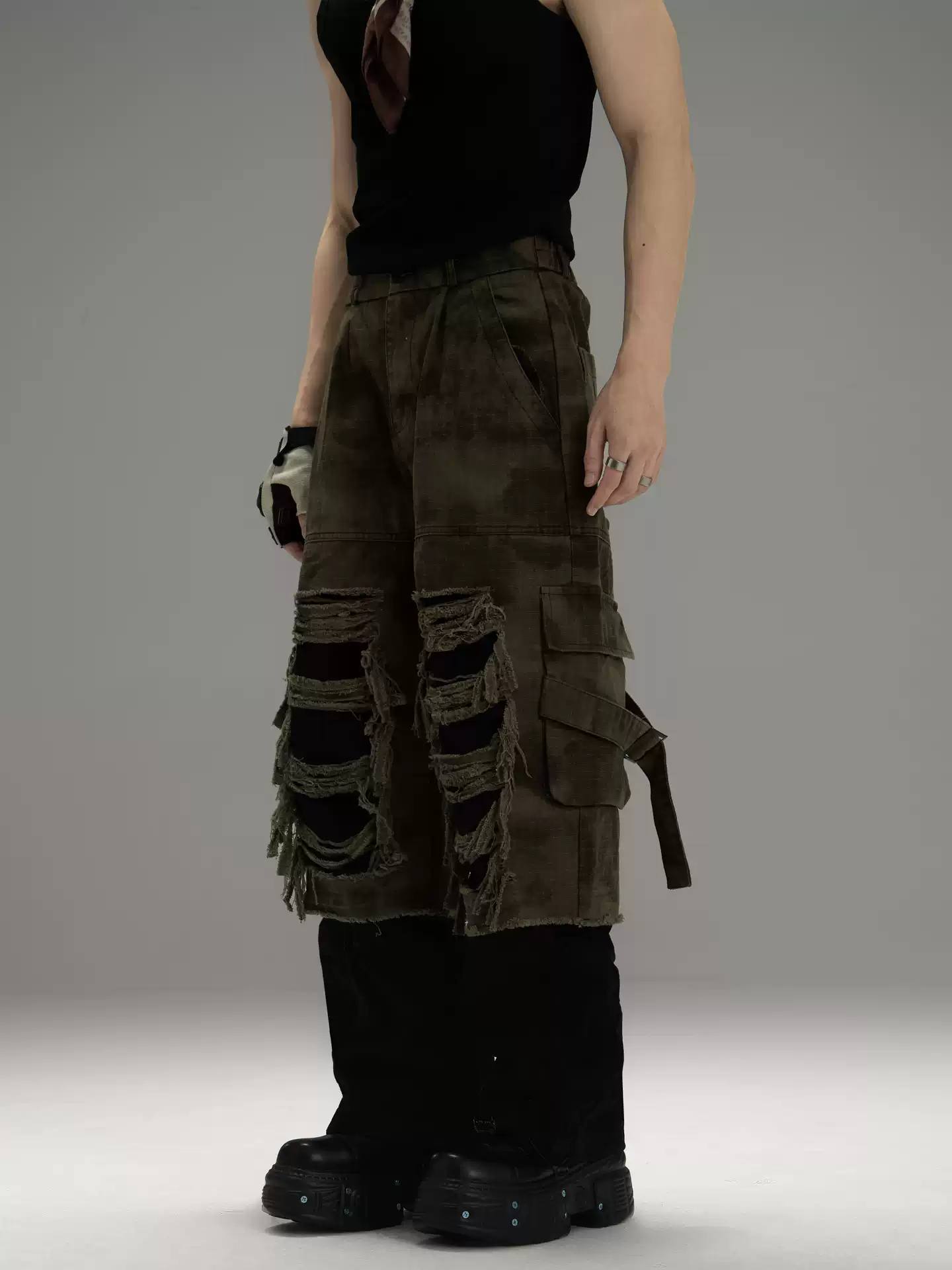American-style Retro Faux Two-piece Utility Pants