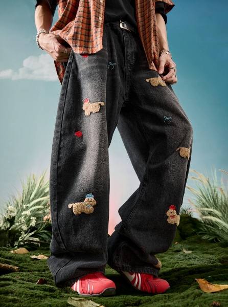 American-style Embroidered Puppy Retro Mens Jeans