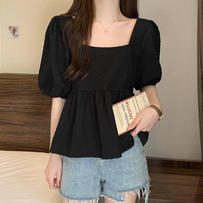 Puff-sleeved Square-neck Ruffled Short-sleeve Top