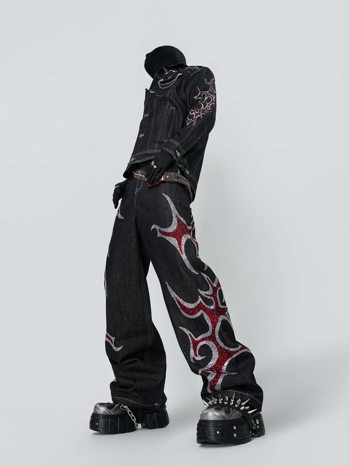 Mens Straight-Leg Denim Jeans With Glittering Diamond Flame Totem Subculture Punk Style
