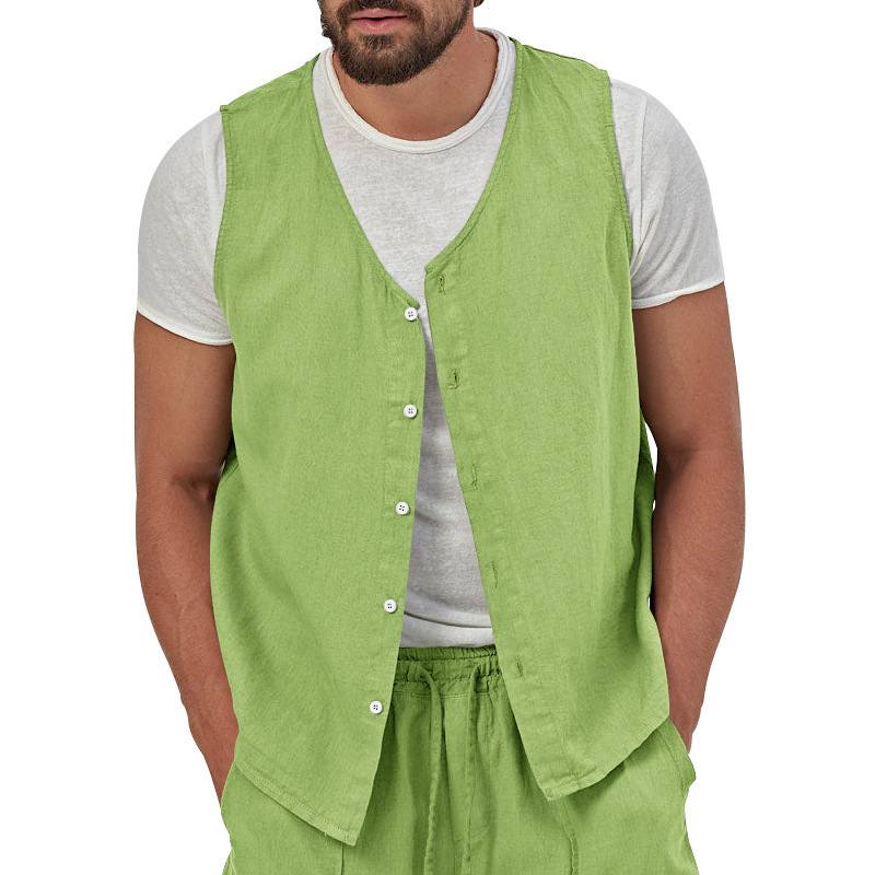 Casual Solid-Color Cotton-Linen Sleeveless Button-Up Vest For Men