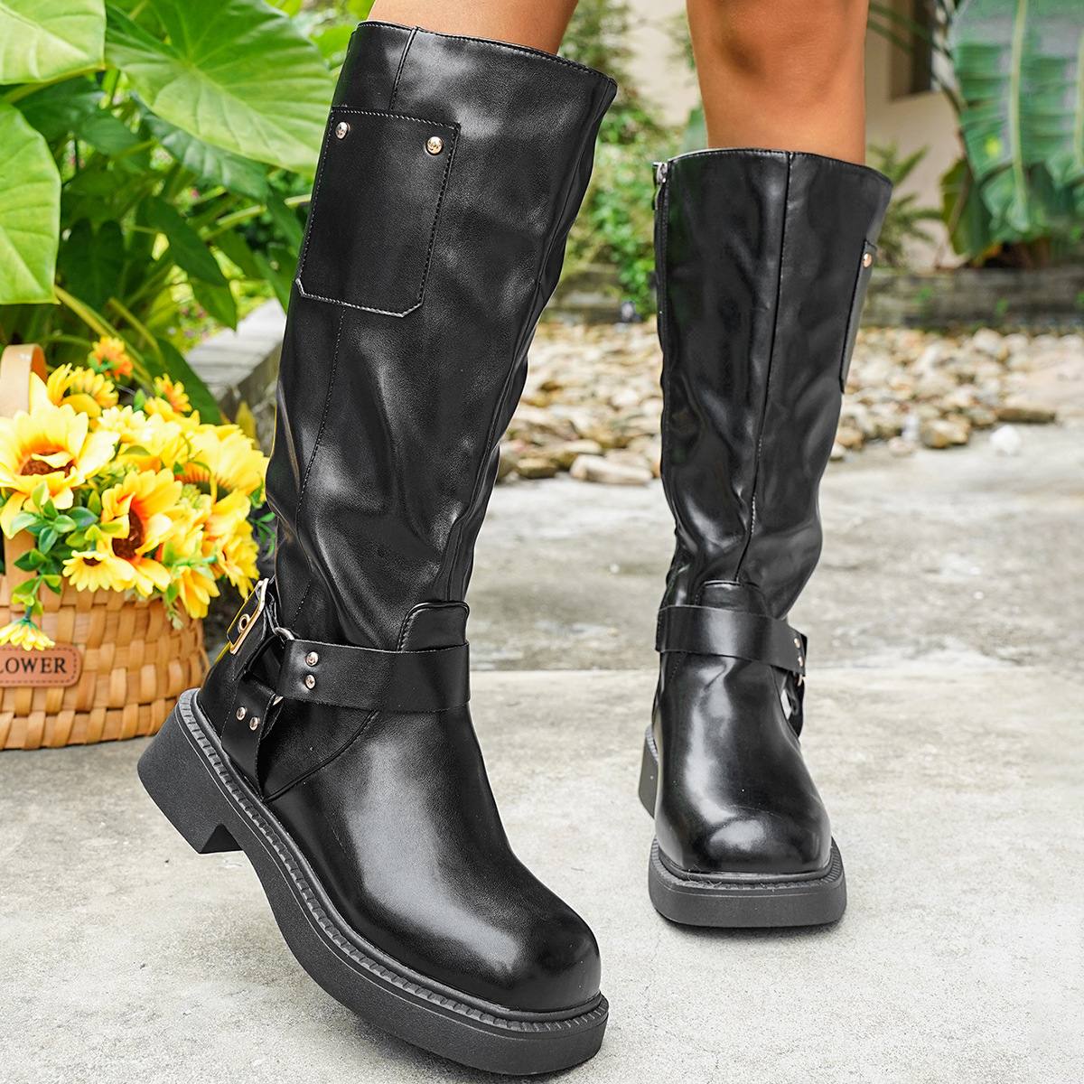 Calf-length Metal Belt-buckle Chunky-heeled High-top Denim Boots