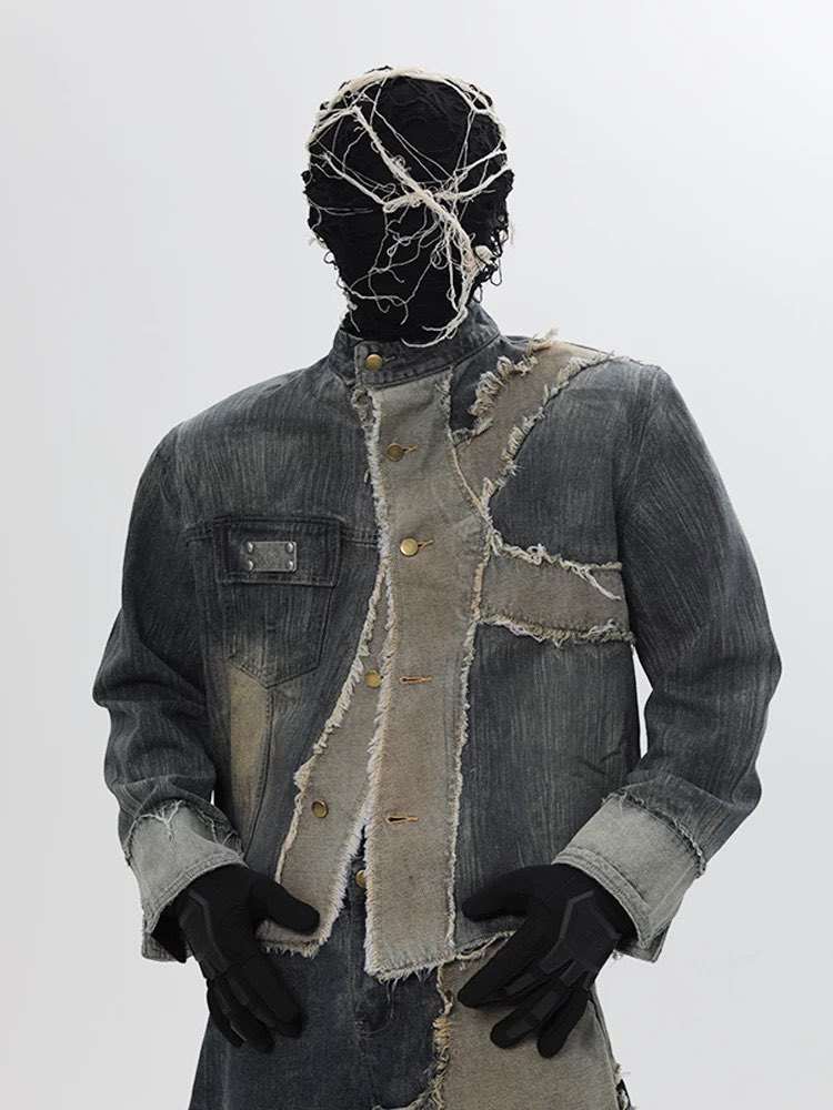 Mens Vintage Patchwork Distressed Denim Jacket