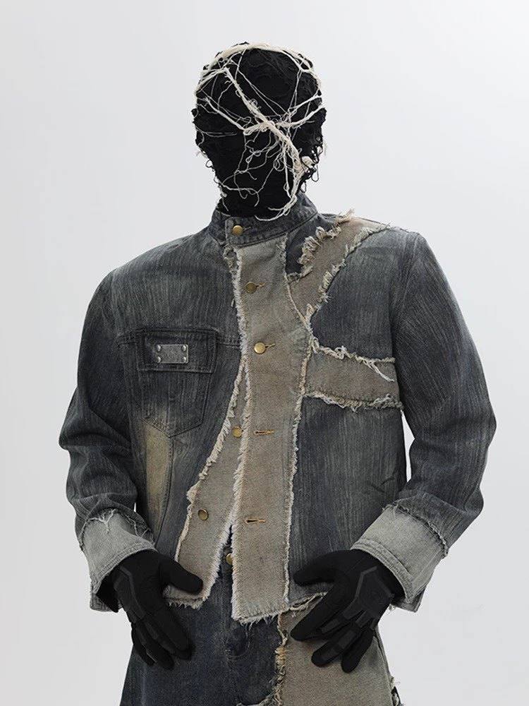 Mens Vintage Patchwork Distressed Denim Jacket