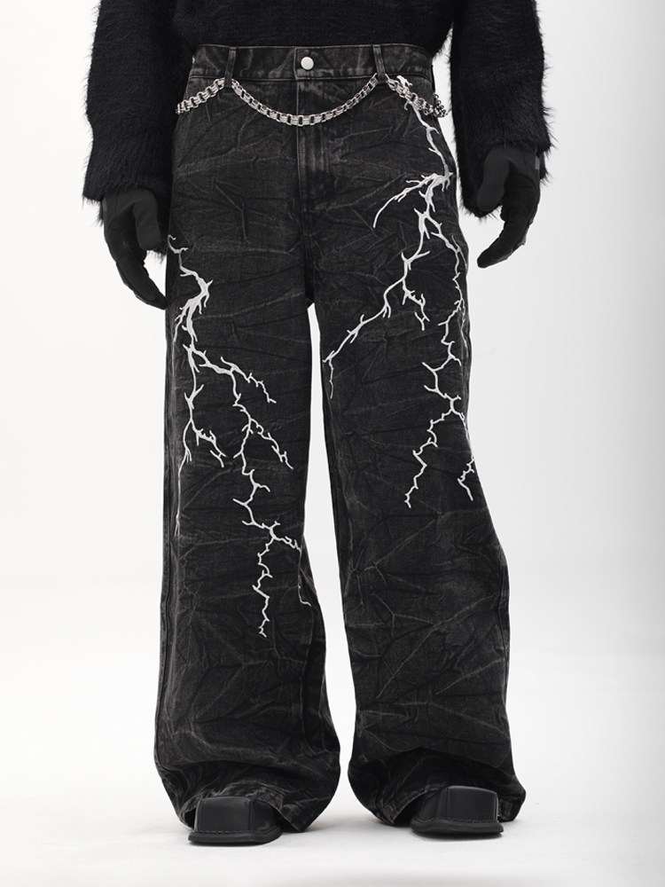American-style Vintage Niche Washed Denim Jeans With Lightning-stripe Embroidery