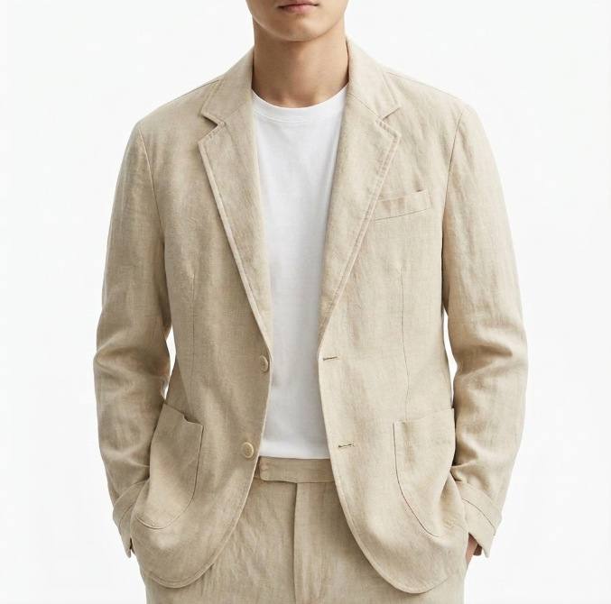 Plus-Size Solid-Colored Cotton-Linen Single-Breasted Blazer For Mens Business Commute