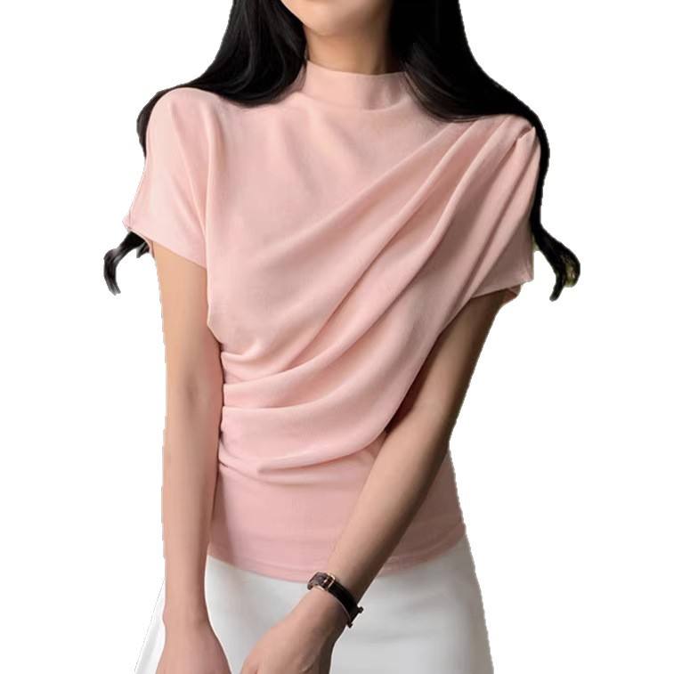 French-style Cozy Off-shoulder Pleated Turtleneck Short-sleeve T-shirt