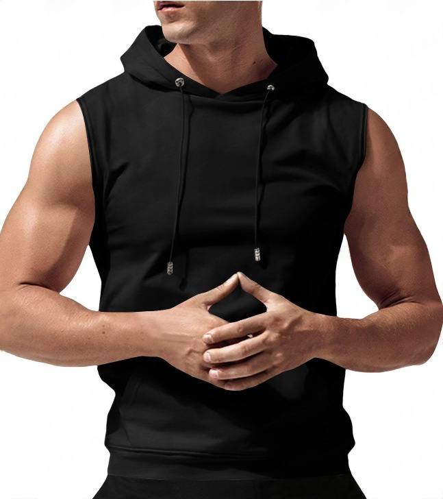 Mens Fashionable Casual Solid-Color Hooded Sleeveless Top