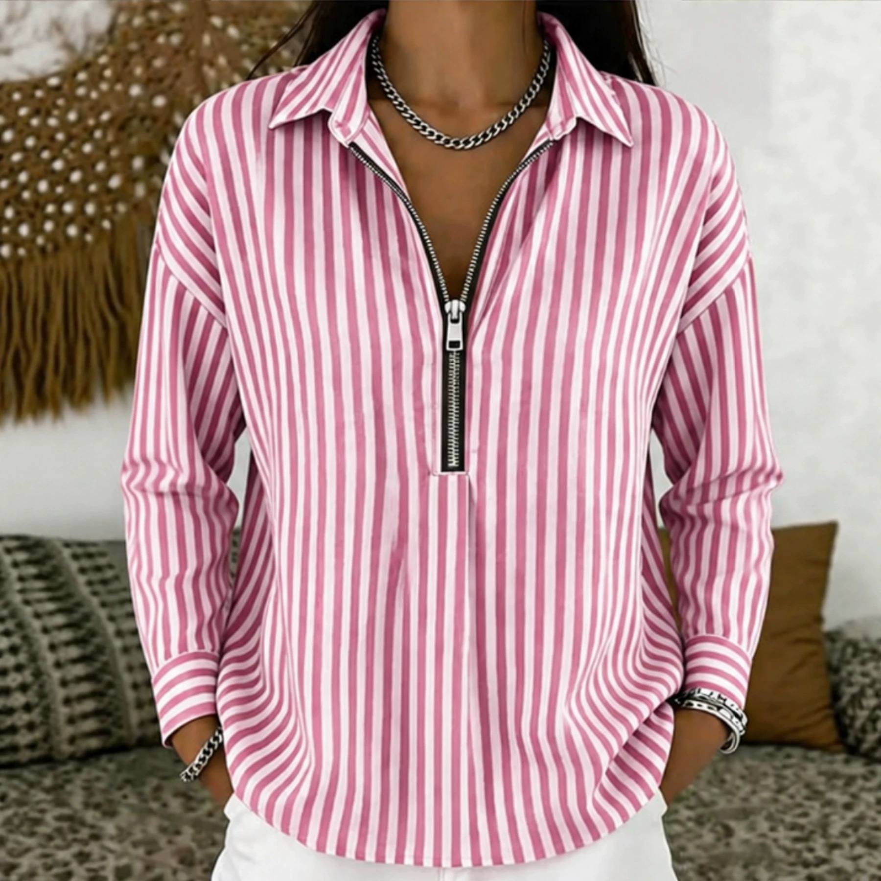Womens Striped Shirt With A Turn-down Collar And Zipper Front