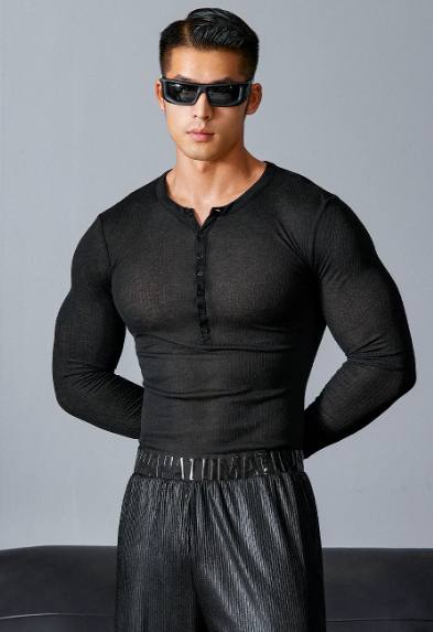 Tough-guy Style Half-placket Bodycon Top Lightweight With Subtle Sleeves