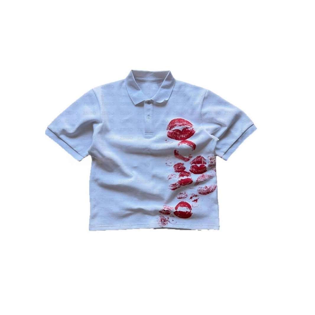 American-style Vintage Washed Long-sleeve Shirt With A Lip-print Design